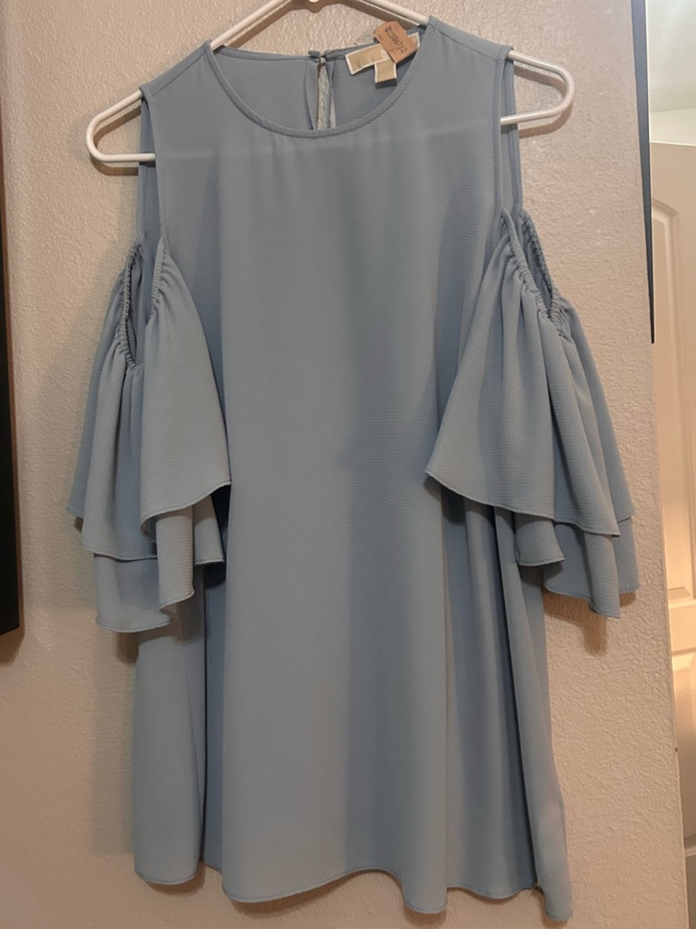 Michael Kors Chambray Blue Ruffle Flounce Cold Shoulder Sleeve Blouse.